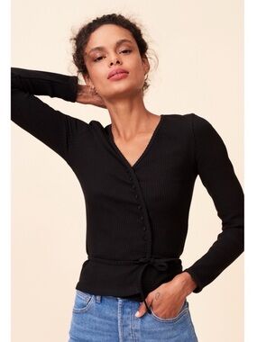 Rouje Paris | Julien Ribbed V Neck Wrap Top Black 38